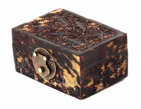 Appraisal: Chinese pierce-carved tortoiseshell box th century rectangular hinged box with