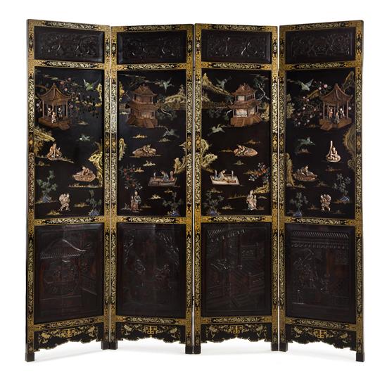 Appraisal: Sale Lot A Chinese Hardstone Mounted Four-Panel Floor Screen th