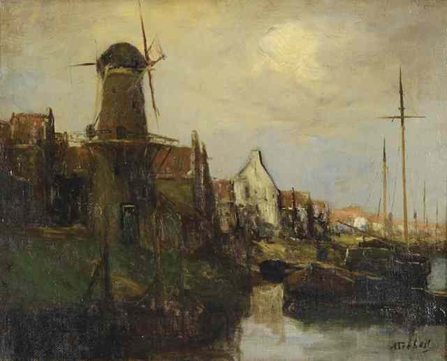 Appraisal: ADRIAAN TERHELL OIL ON CANVAS Dutch - Windmill and dock