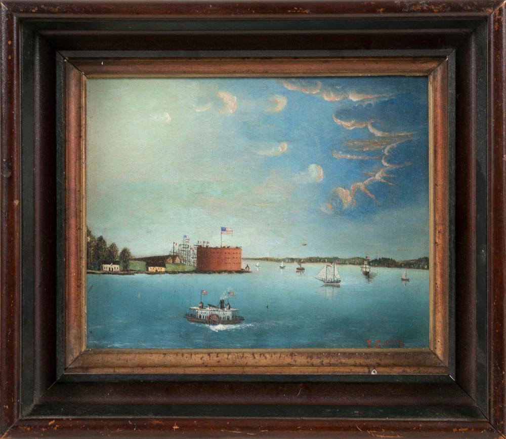 Appraisal: AMERICAN SCHOOL TH CENTURY PRIMITIVE-STYLE PAINTING OF NEW YORK HARBOR