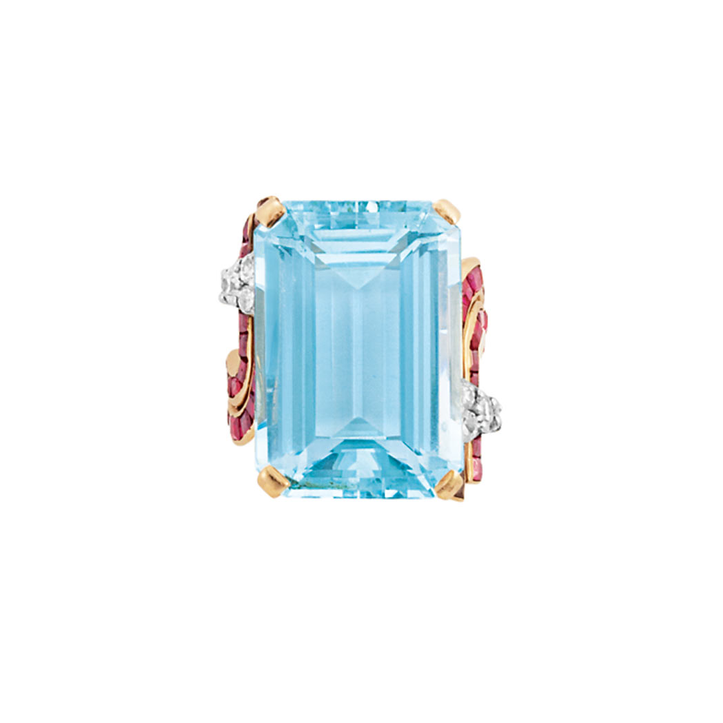 Appraisal: Rose Gold Aquamarine Ruby and Diamond Ring One emerald-cut aquamarine