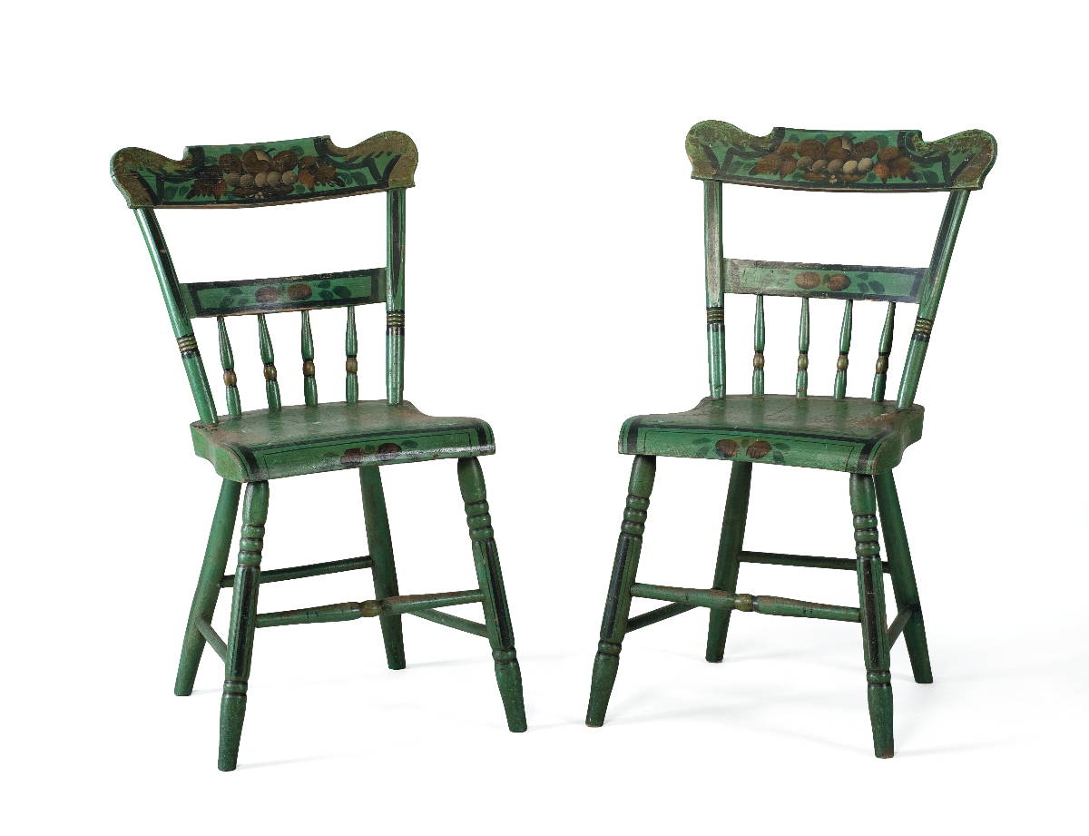 Appraisal: SET OF SIX PENNSYLVANIA GREEN-PAINTED AND FRUIT-DECORATED PLANK SEAT SIDE