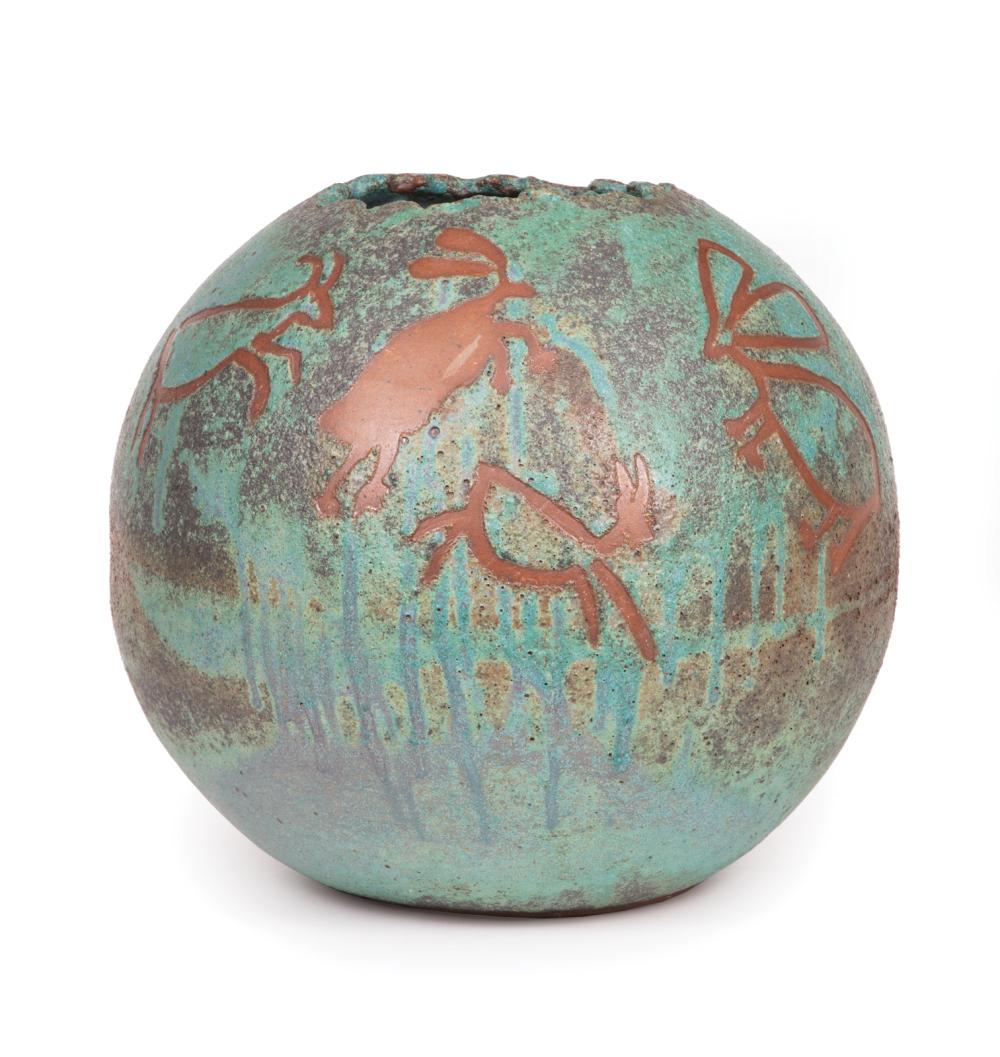 Appraisal: Art Pottery Ceramic Planter turquoise ground cave-painting designs h in