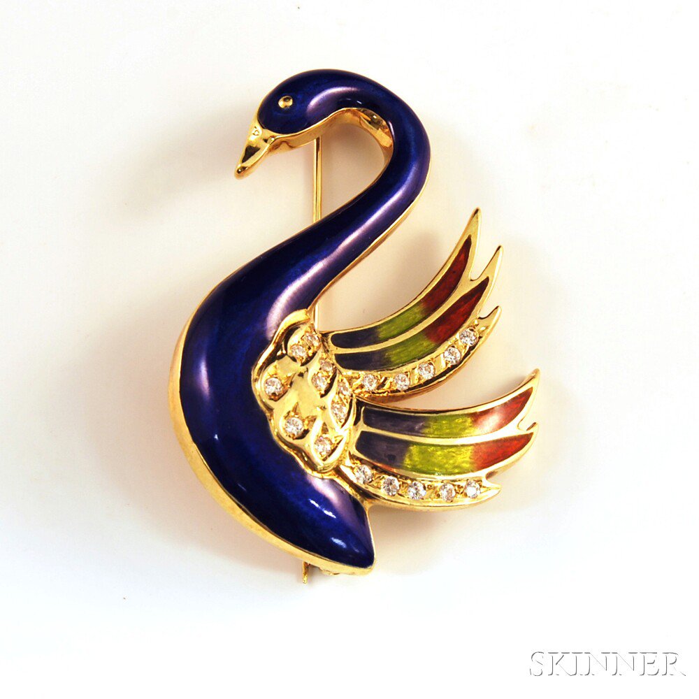 Appraisal: kt Gold Enamel and Synthetic Diamond Swan Brooch the swan