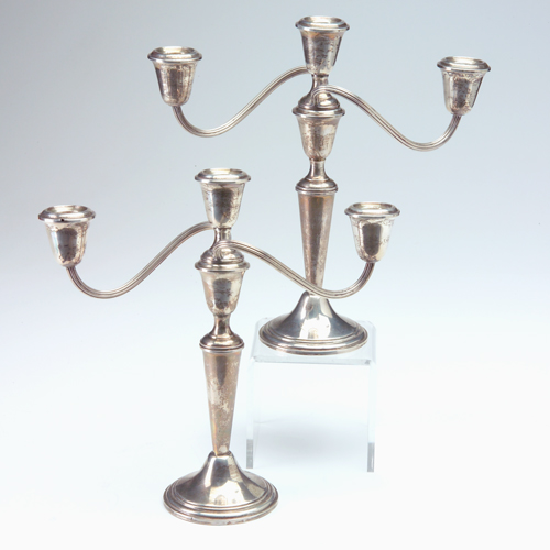 Appraisal: Pair of sterling silver triple candelabras Minor dents to base