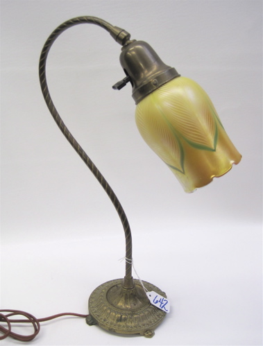 Appraisal: QUEZAL ART GLASS AND GILT METAL TABLE LAMP pulled feather