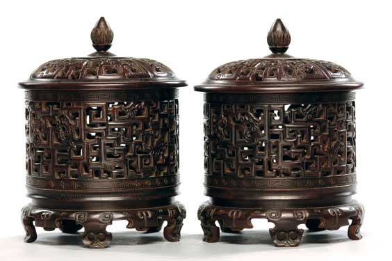 Appraisal: PAIR CARVED ZITAN PERFUMERS Pair Chinese pierced carved zitan perfumers