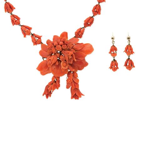 Appraisal: Antique Carved Coral Necklace and Pair of Pendant-Earrings Estimate -