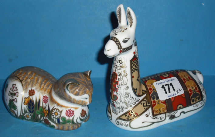 Appraisal: Royal Crown Derby Paperweights Llama And Cottage Cat Both Boxed