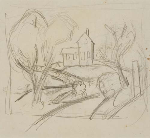 Appraisal: THOMAS HART BENTON Farmhouse with Hills and Trees Pencil on