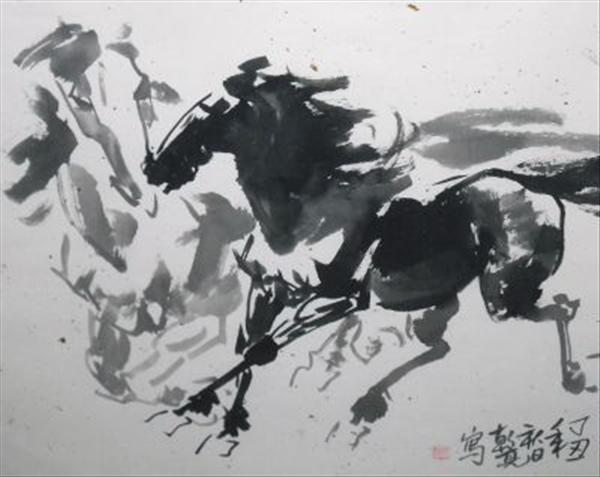 Appraisal: Hang Liang Chinese Galloping horses Watercolour cm x cm together