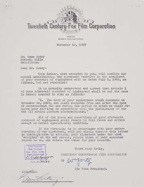 Appraisal: GENE AUTRY Two typed letters signed by Autry concerning the