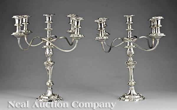 Appraisal: A Pair of Five-Light Silverplate Candelabra in the Rococo Taste