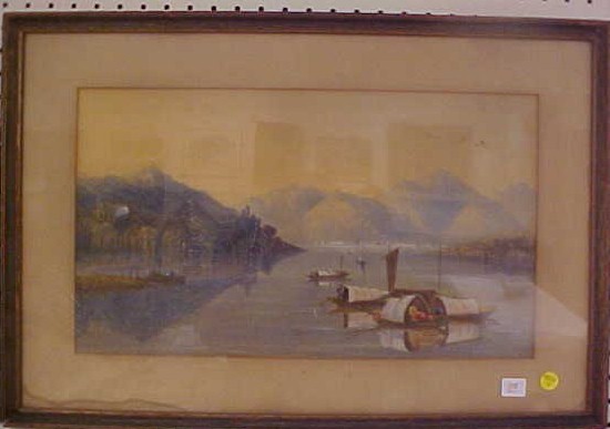 Appraisal: Unsigned pastel Asian river scene with boats in foreground mountains