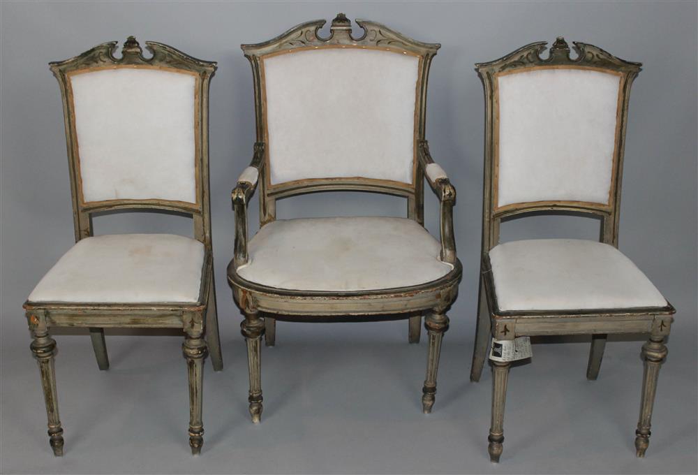 Appraisal: PAIR OF NEOCLASSICAL GREY PAINTED SIDE CHAIRS AND MATCHING ARM