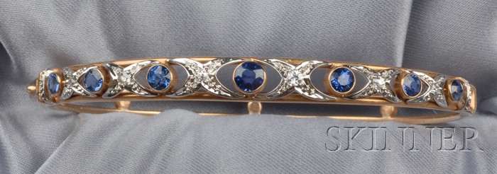 Appraisal: Antique Sapphire and Diamond Bangle Bracelet Allsopp Allsopp bezel-set with