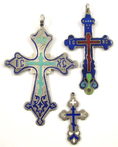 Appraisal: THREE SILVER RUSSIAN ORTHODOX CROSS PENDANTS each with the letters