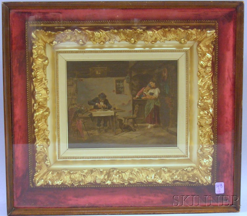 Appraisal: Rococo Gilt-gesso and Wood-framed Enhanced Continental Interior Genre Scene Print