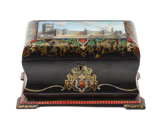 Appraisal: Sale Lot An English Eglomise Inset Black Lacquered and Enameled