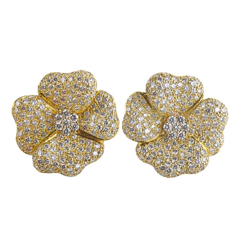 Appraisal: DIAMOND K GOLD PRIMROSE BLOSSOM EARRINGS ITALY Sculptural blossom encrusted