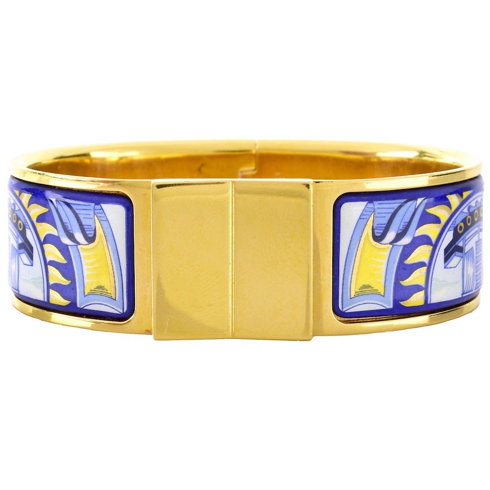 Appraisal: Hermes Gold Plate and Enamel Cuff Bangle Hermes Gold Plate