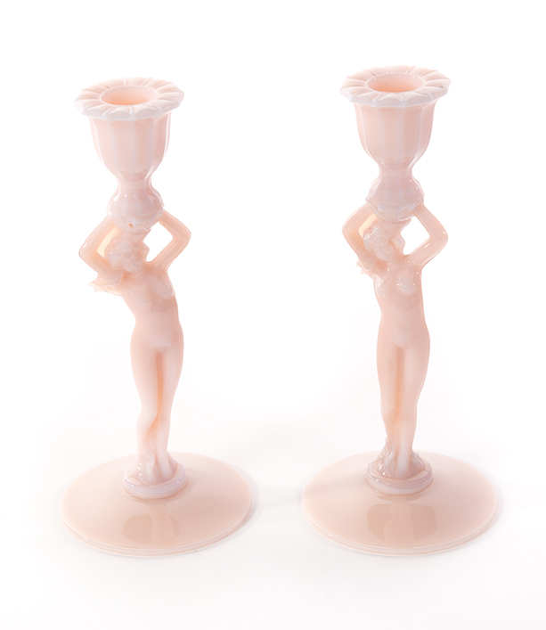 Appraisal: PAIR OF CAMBRIDGE CROWN TUSCAN NUDE CANDLESTICKS Cambridge Ohio nd