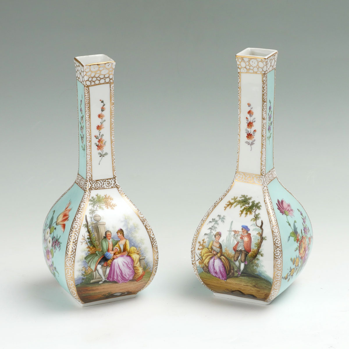 Appraisal: PAIR OF DRESDEN VASES Dresden square bottle vases having opposed