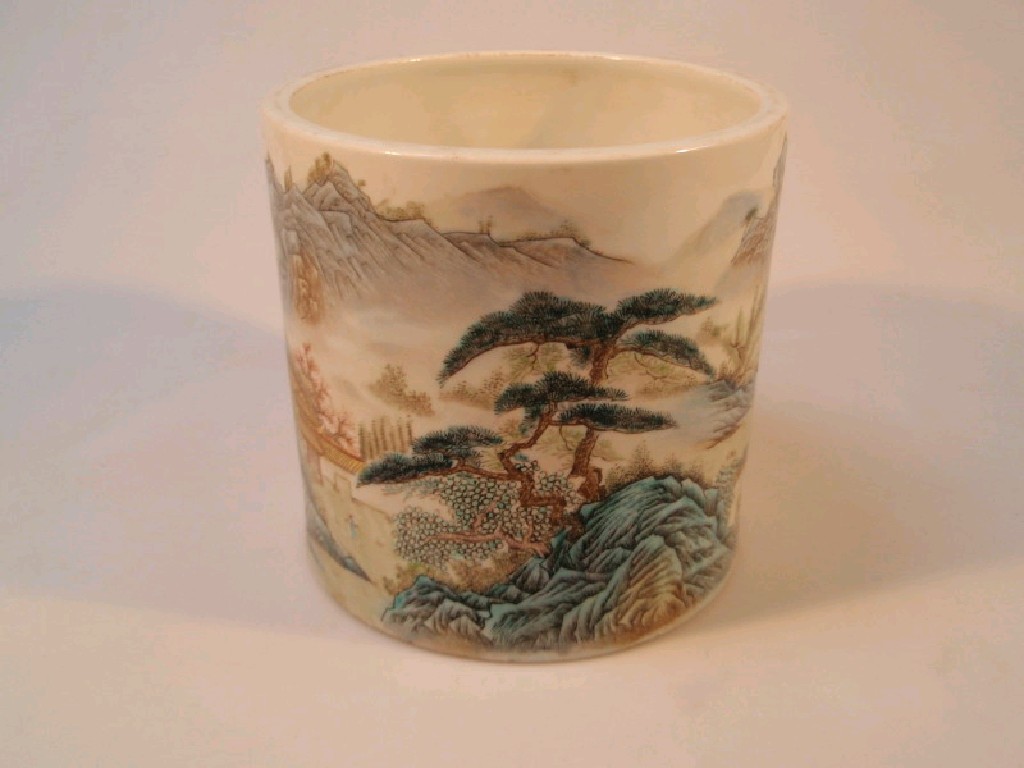 Appraisal: Chinese hand painted porcelain brush pot sketched by Zhand Zhi