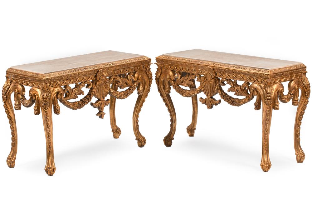 Appraisal: Pair of George II-Style Carved Giltwood Consoles inset marble top