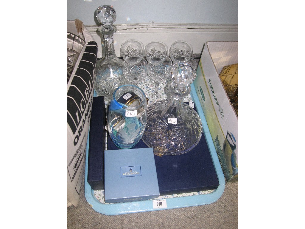 Appraisal: Tray lot comprising crystal decanters glasses Scottish glass Wedgwood etc