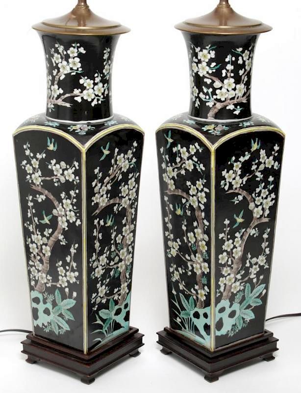 Appraisal: Chinese Famille Noir Square Vase Lamps Pair Chinese famille noir