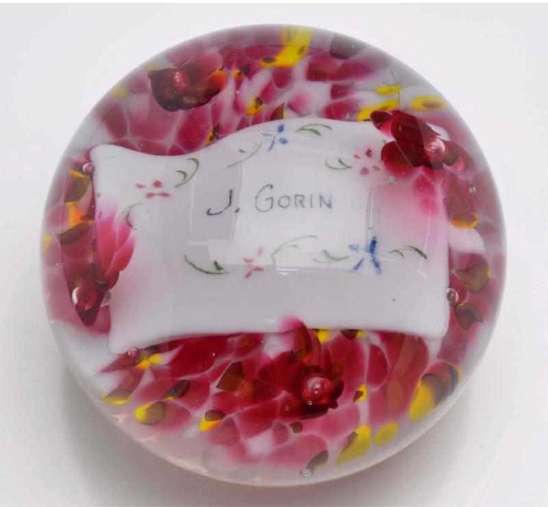 Appraisal: J Gorin Paperweight Description Confetti in white red and yellow