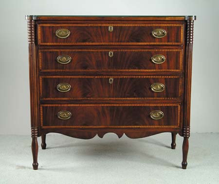 Appraisal: FOUR DRAWER INLAID MAHOGANY SHERATON CHEST Straight front mahogany veneer