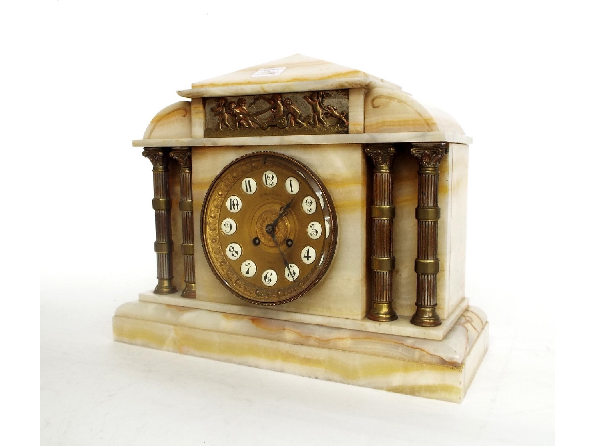 Appraisal: French white and yellow veined marble two train mantel clock