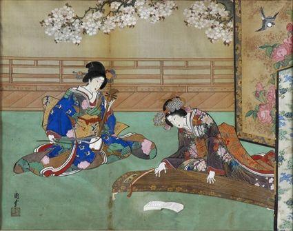 Appraisal: JAPANESE PAINTING ON SILK Showing female musicians in a garden