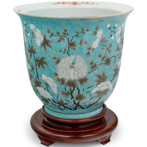 Appraisal: A Chinese Turquoise Ground Grisaille Decorated Porcelain Jardiniere EARLY TH