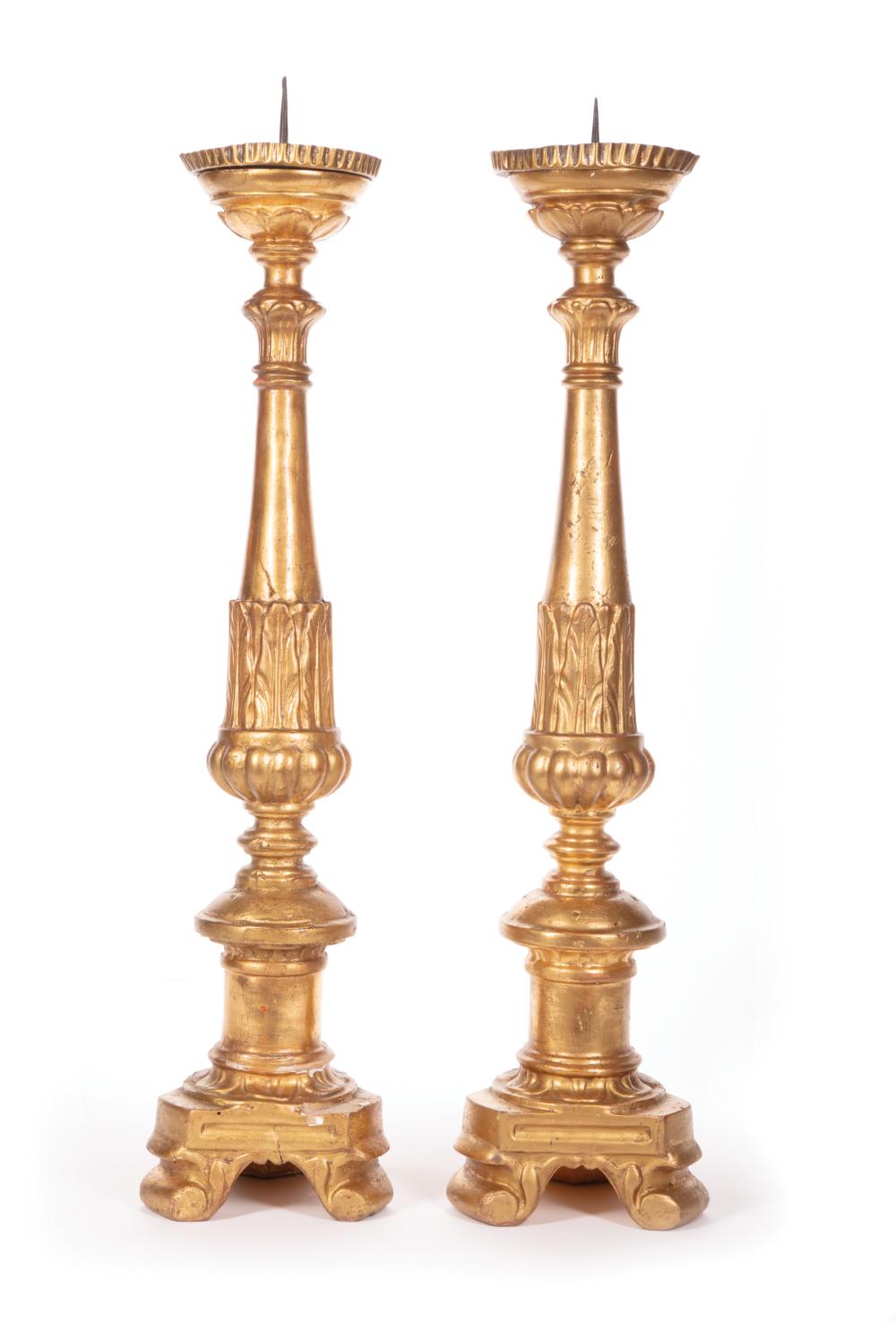 Appraisal: Pair of Continental Giltwood Prickets Candlesticks th c h in