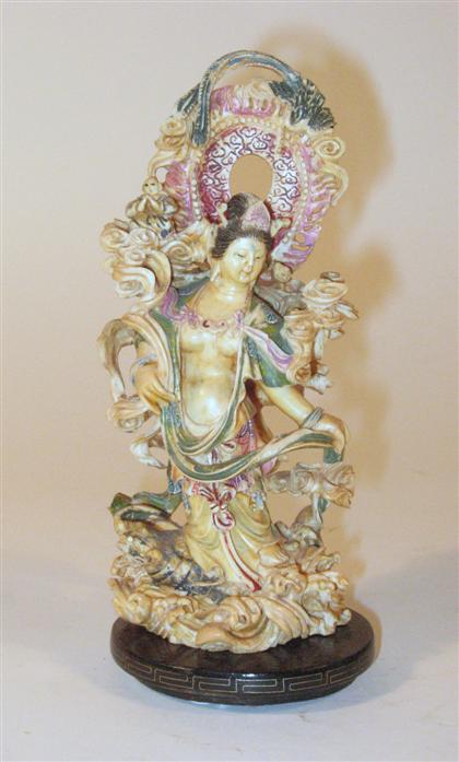 Appraisal: Chinese polychrome decorated elephant ivory carvingPierced ivory female celestial deity