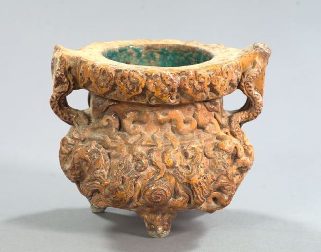 Appraisal: Ming Dynasty Ochre-Glazed Pottery Two-Handled Tripodal Vase first quarter th