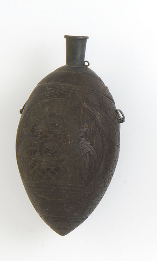 Appraisal: CARVED COCONUT SHELL FLASK With engraved decoration of a Civil