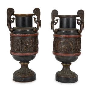 Appraisal: A Pair of Continental Bronze Urns with Rouge Marble Banding