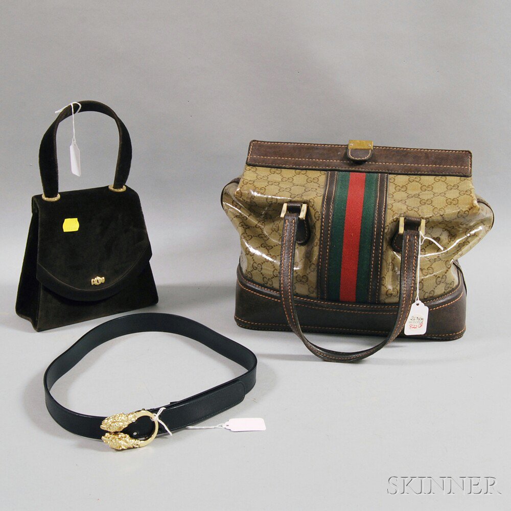 Appraisal: Gucci Monogrammed Case with Green and Red Grosgrain Detail together