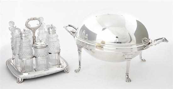 Appraisal: English silverplate cruet set and revolving breakfast server th century