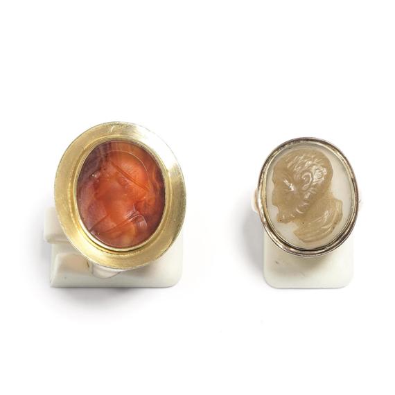 Appraisal: LOT OF TWO th C CAMEO AND INTAGLIO RINGS Red