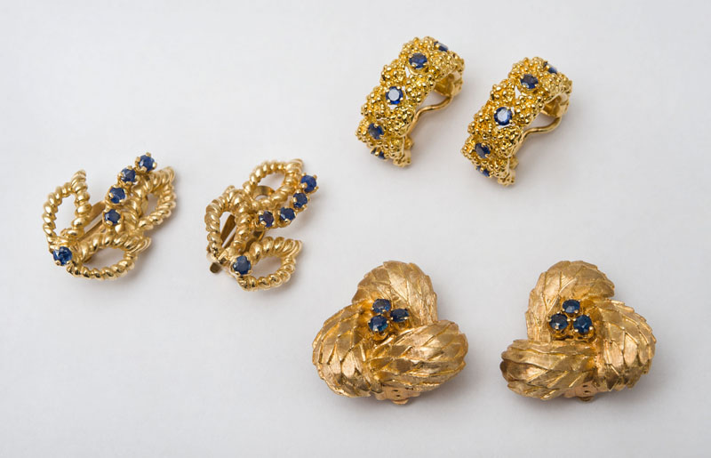 Appraisal: THREE PAIRS OF K GOLD AND SAPPHIRE EARCLIPS Stamped '