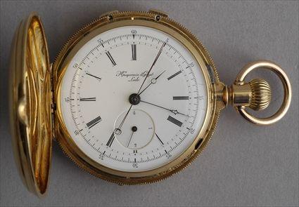 Appraisal: GOLD CASED POCKET WATCH K gold two-train split second chronograph