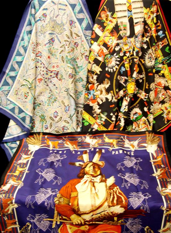 Appraisal: Three Hermes scarves the first depicting an image of a