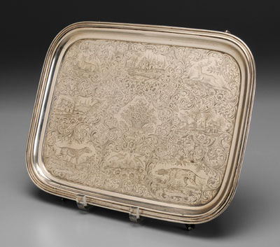 Appraisal: Elaborately Engraved Coin Silver Tray American mid th century floor