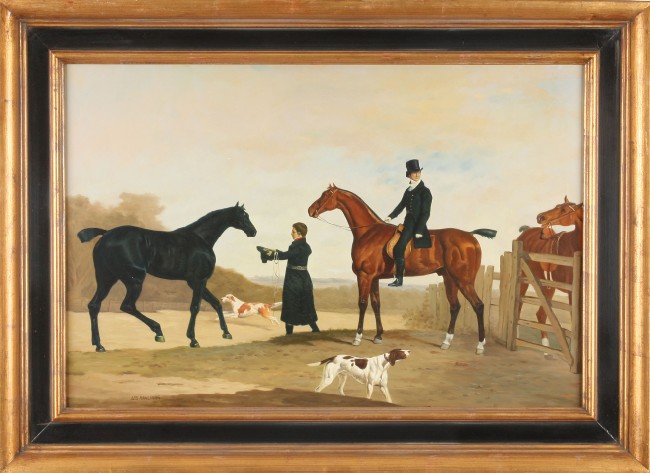 Appraisal: Huntsmen and hounds oil on canvas x SLL Artist American