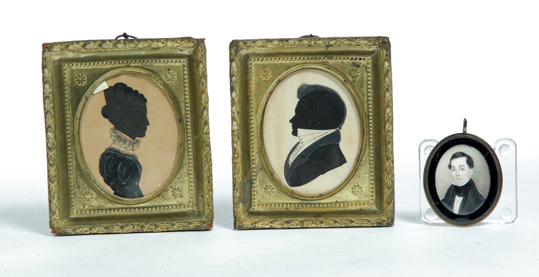 Appraisal: TWO SILHOUETTES AND A MINIATURE PORTRAIT American or European nd